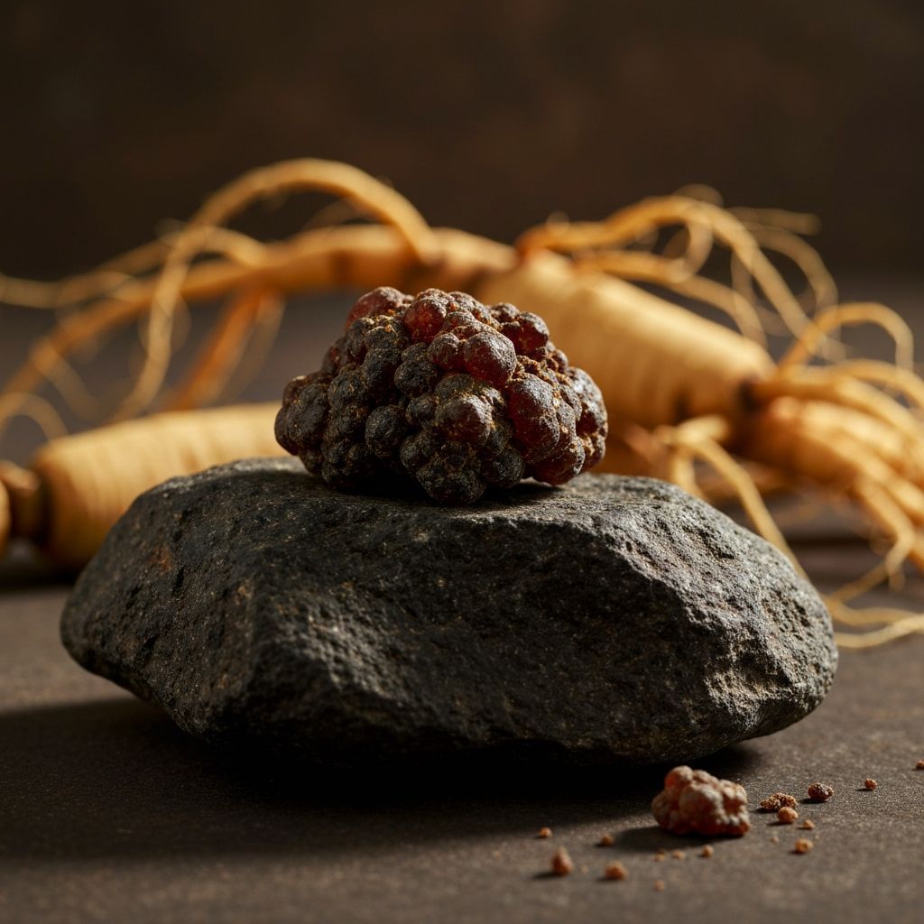 Raw shilajit resin on Himalayan rock with gold lighting