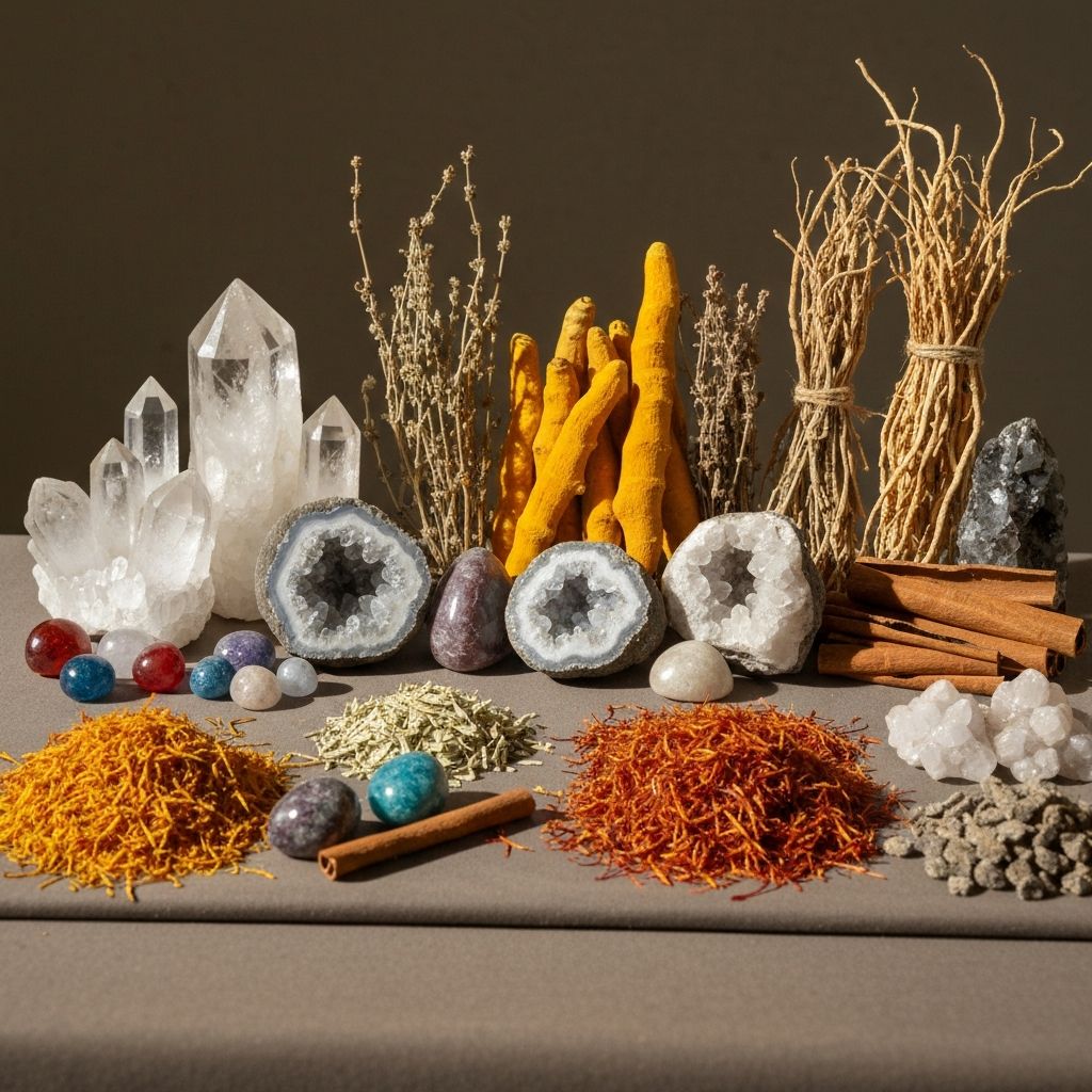 Natural mineral and plant materials displayed together