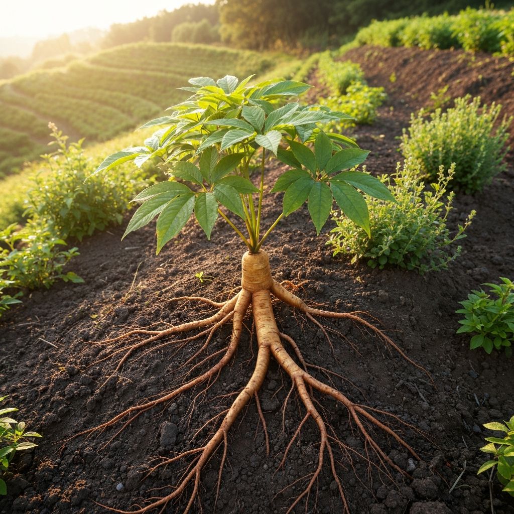 Panax ginseng plant in traditional Asian field setting